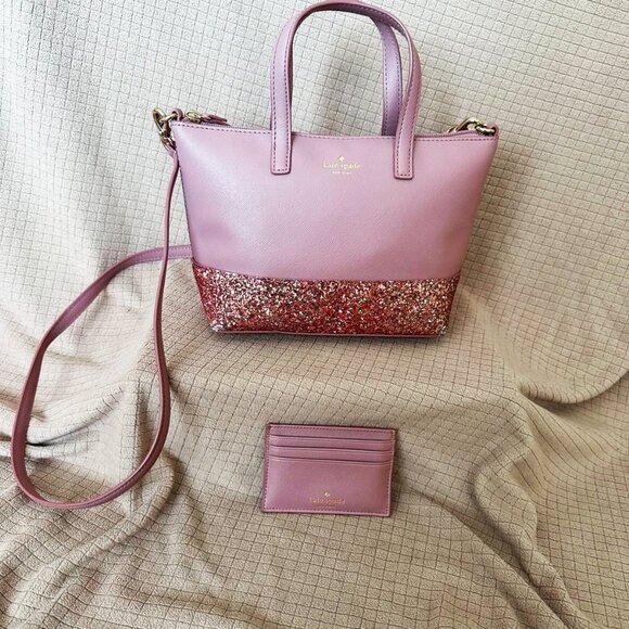 Kate Spade Greta Court Ina Glitter Dusty Peony Mini Satchel + Matching Card Case - Picture 3 of 13